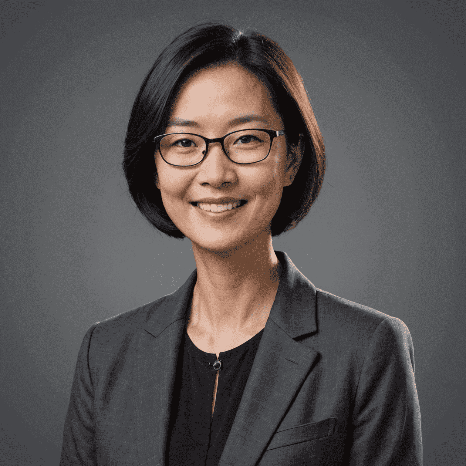 Portrait of Lim Wei Ling, a middle-aged Asian woman with short black hair and glasses, wearing a professional dark grey blazer, smiling confidently at the camera