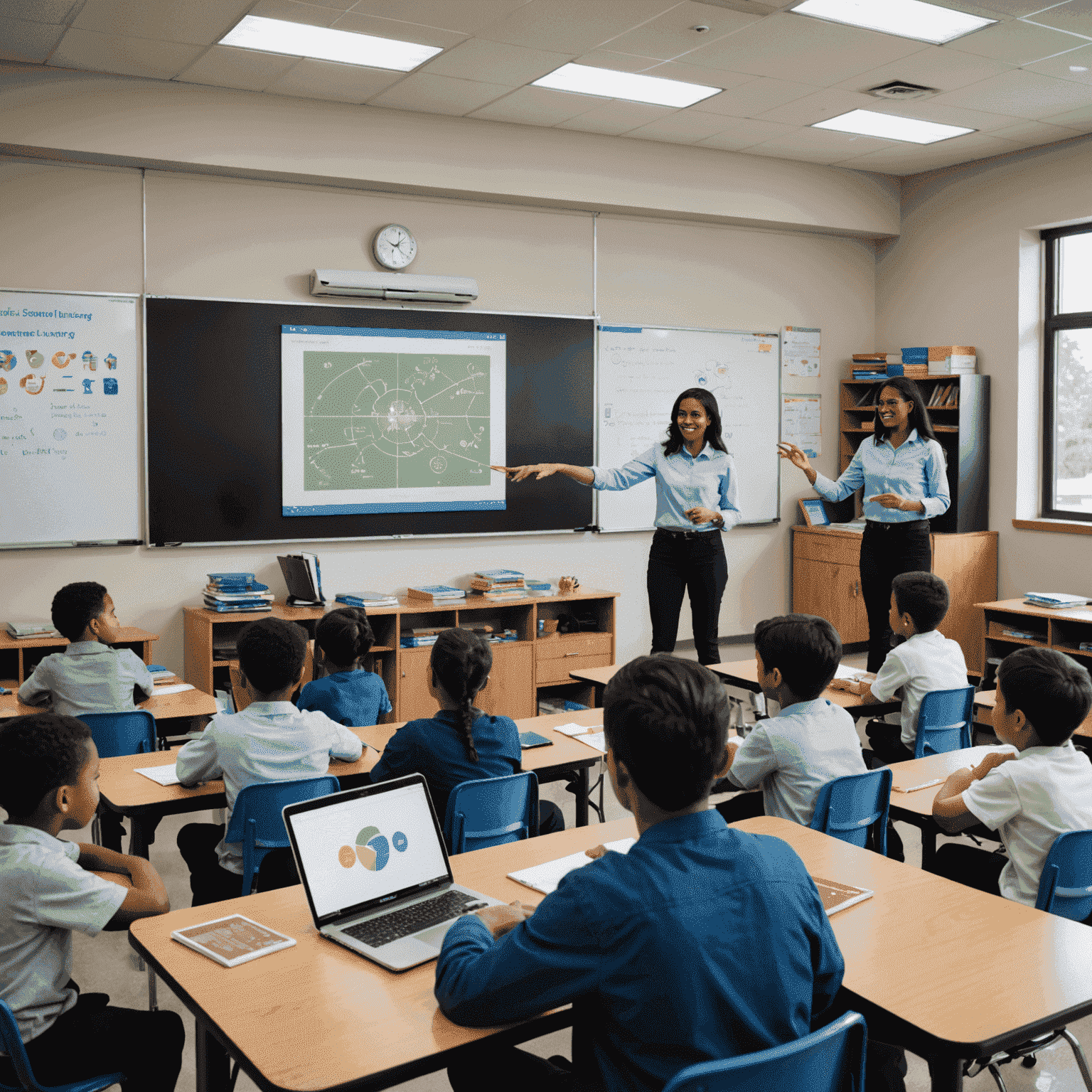 A classroom with modern technology, students engaged in interactive learning, and a teacher using a smart board to illustrate the impact of smart public investments on education.