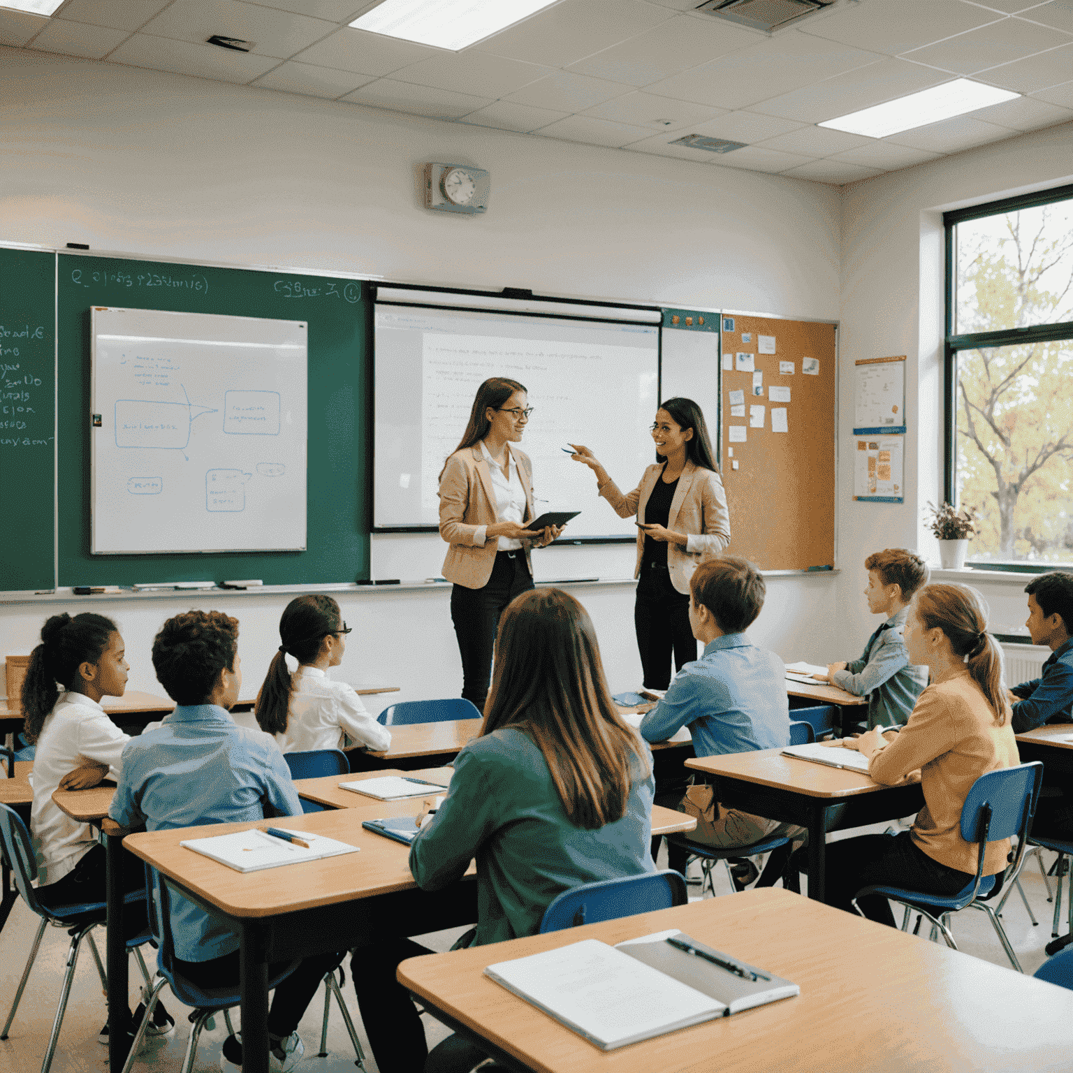 A classroom with modern technology, students engaged in learning, and a teacher using an interactive whiteboard