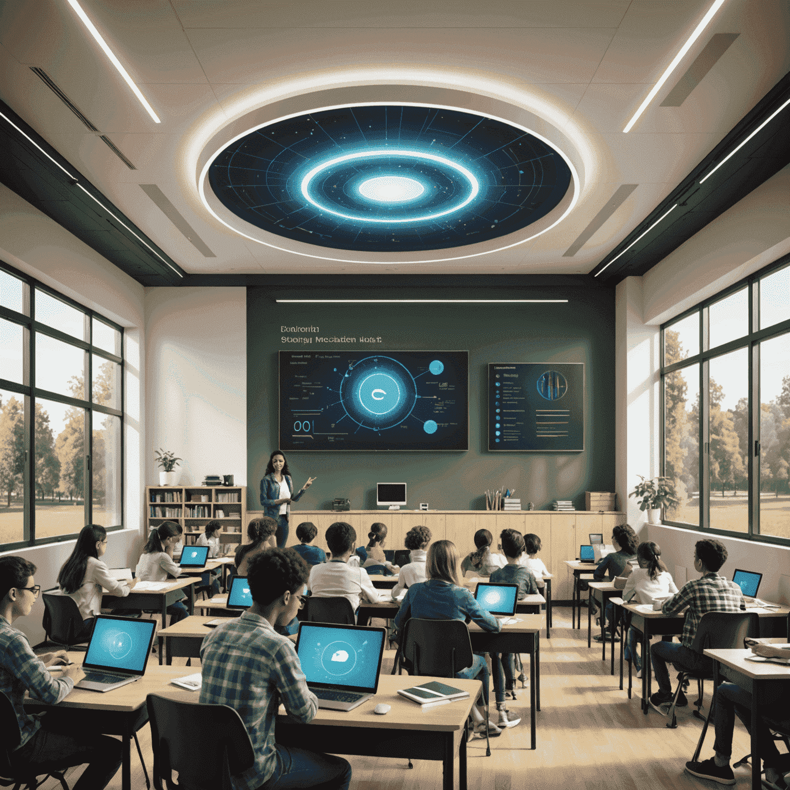 A modern classroom with students using advanced technology, symbolizing smart investments in education