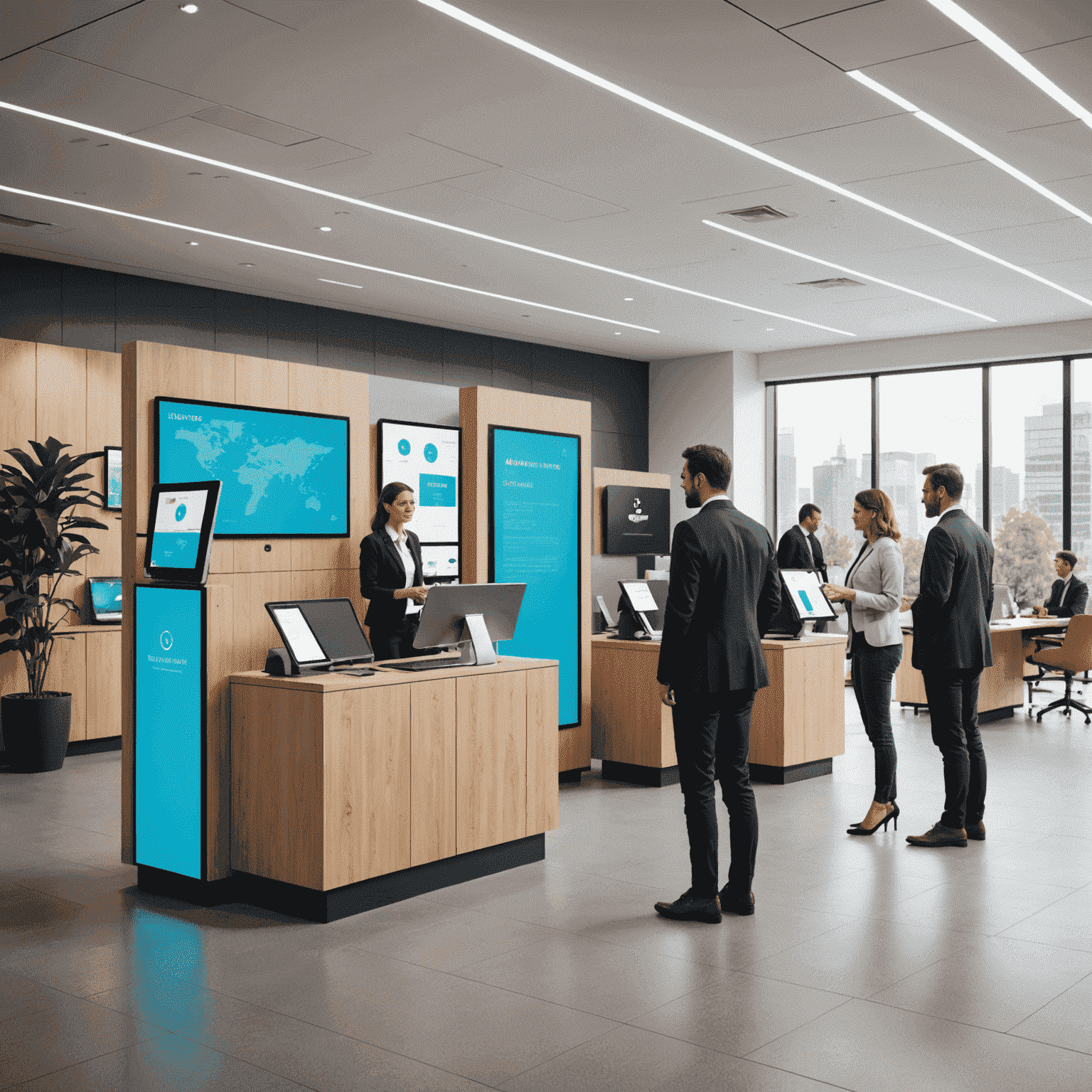 A modern government office with digital screens and citizens interacting with smart kiosks