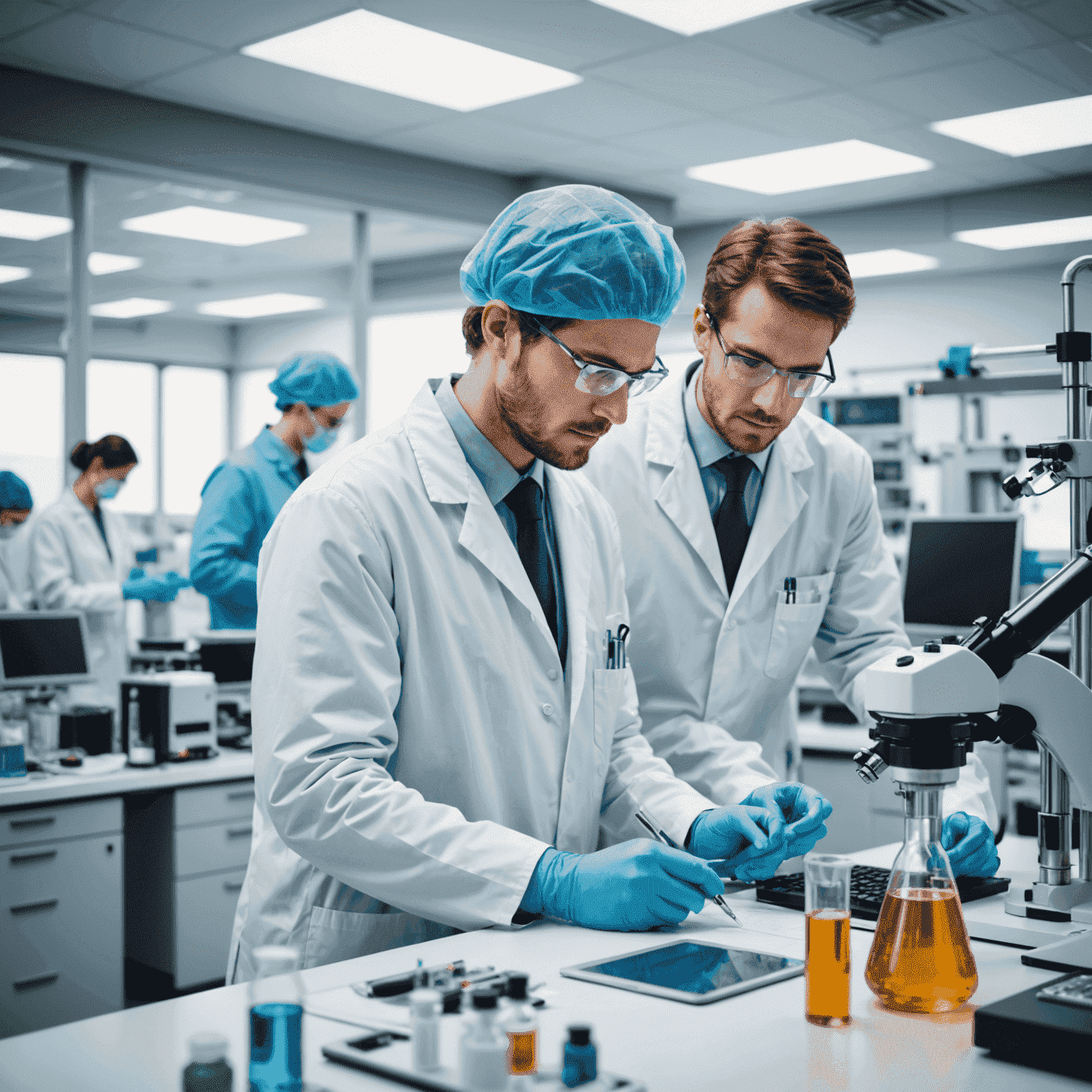 Medical researchers in a laboratory working on innovative healthcare solutions, with advanced equipment and technology visible