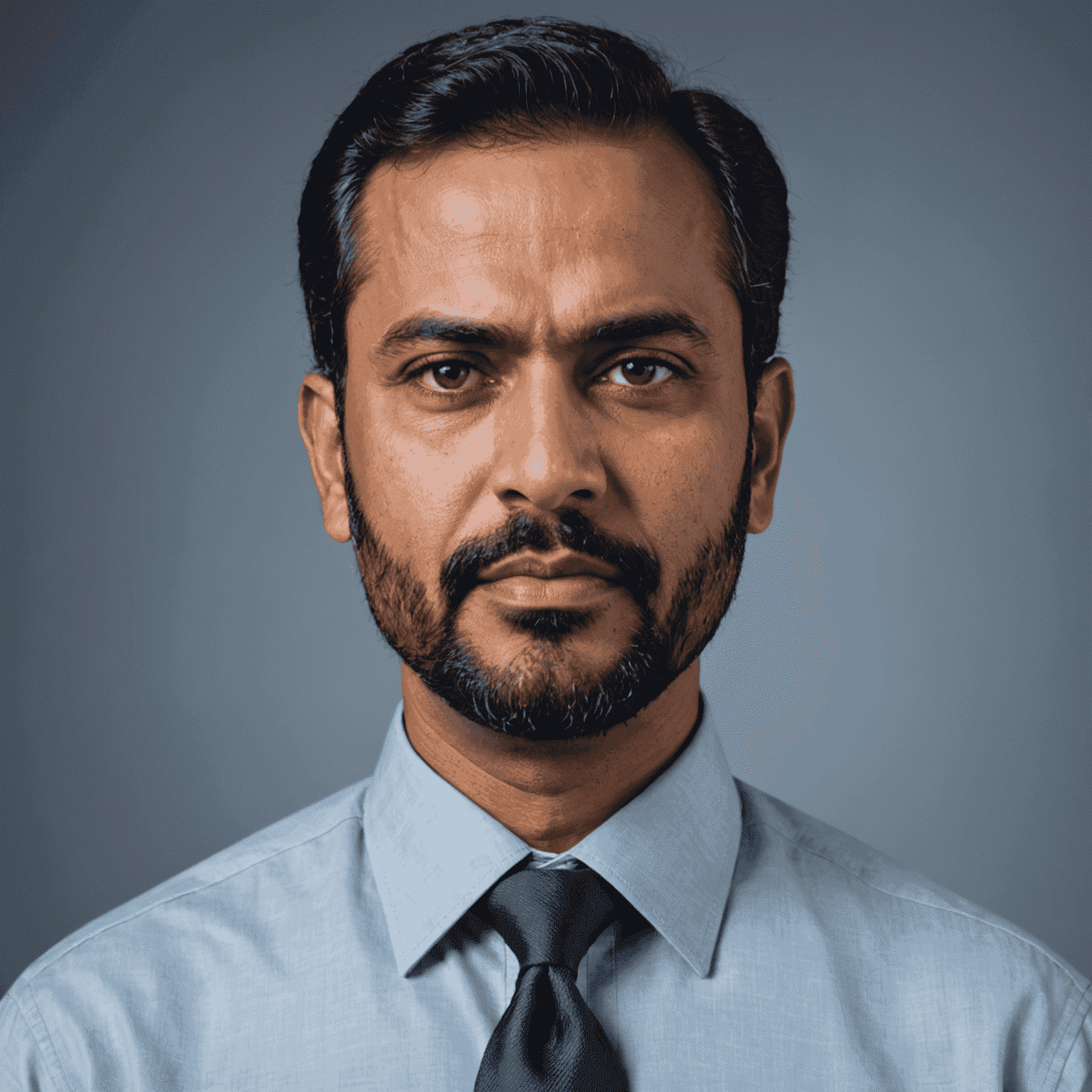 Portrait of Rajesh Patel, a middle-aged Indian man with a neatly trimmed beard, wearing a light blue shirt and navy tie, looking thoughtfully off-camera