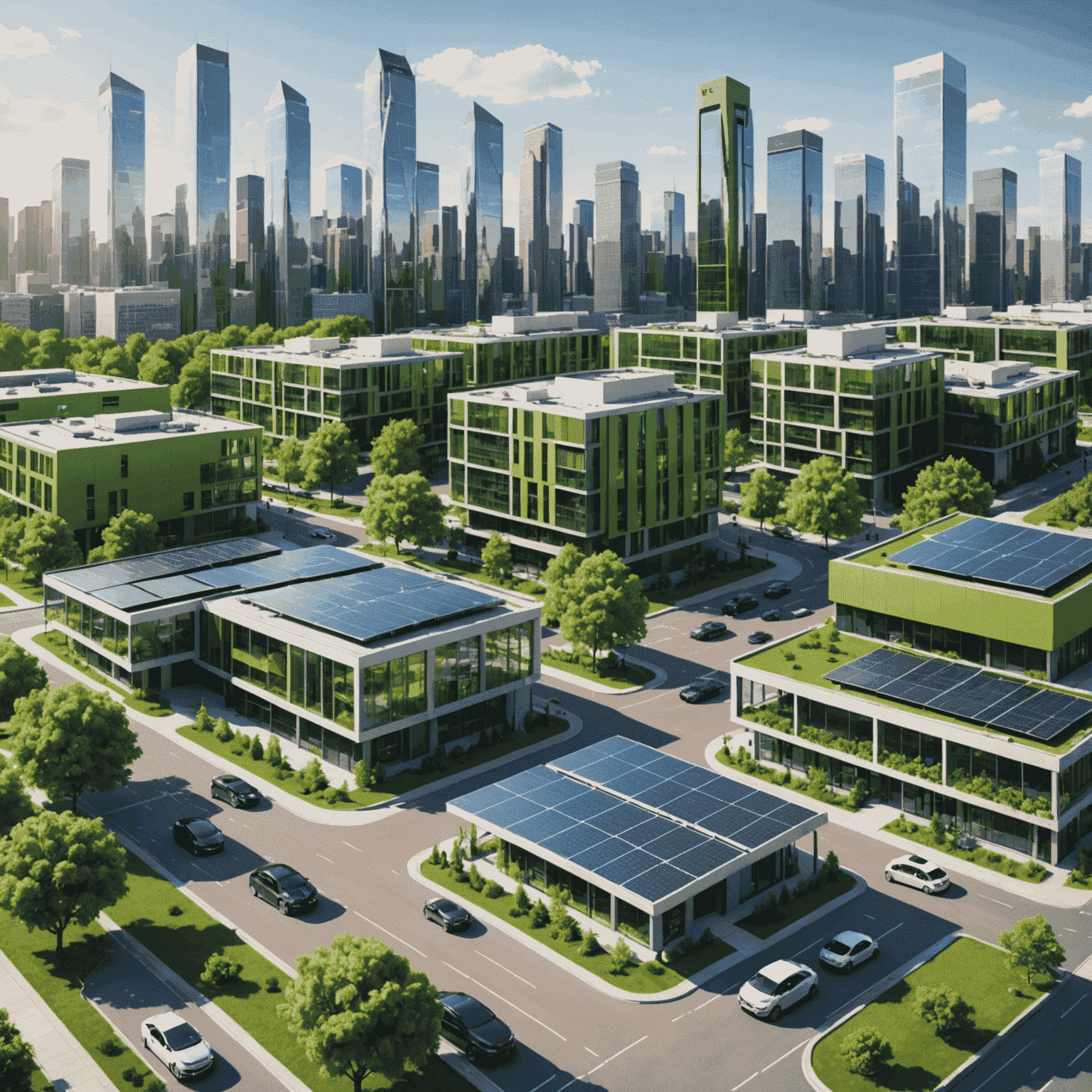 A modern city skyline with green buildings, solar panels, and electric vehicles