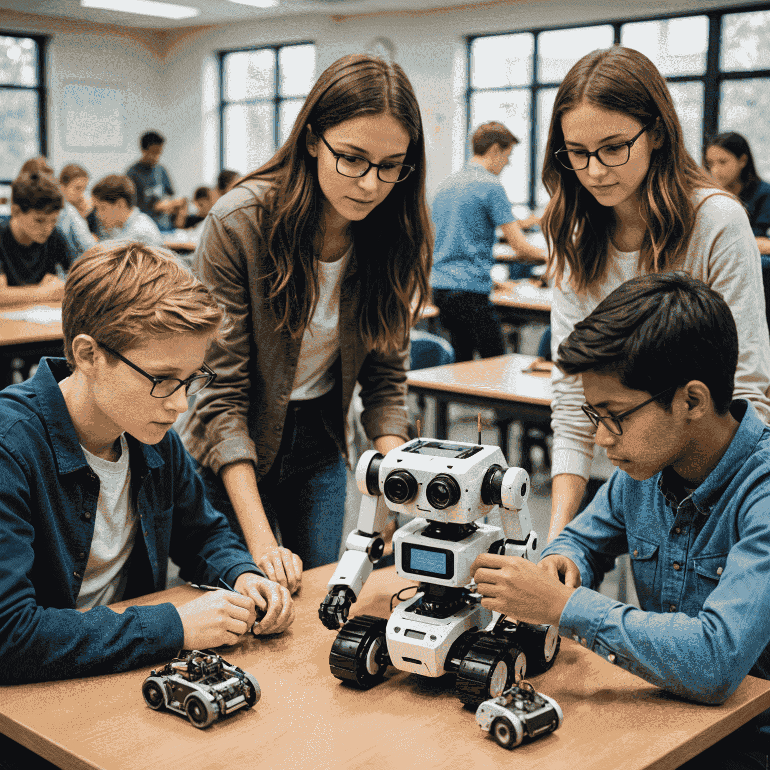 Students engaged in a robotics class, demonstrating the focus on technology in modern education