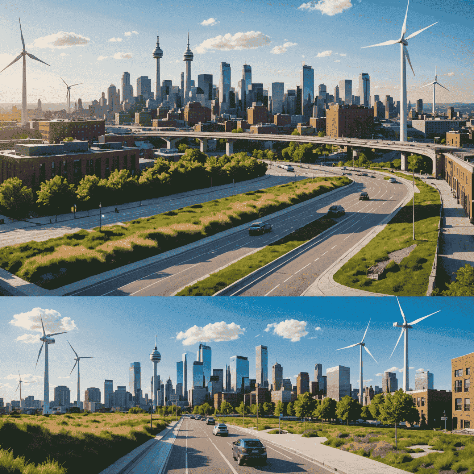 Before and after comparison of a city skyline showing the transformation with green roofs, wind turbines, and bike lanes