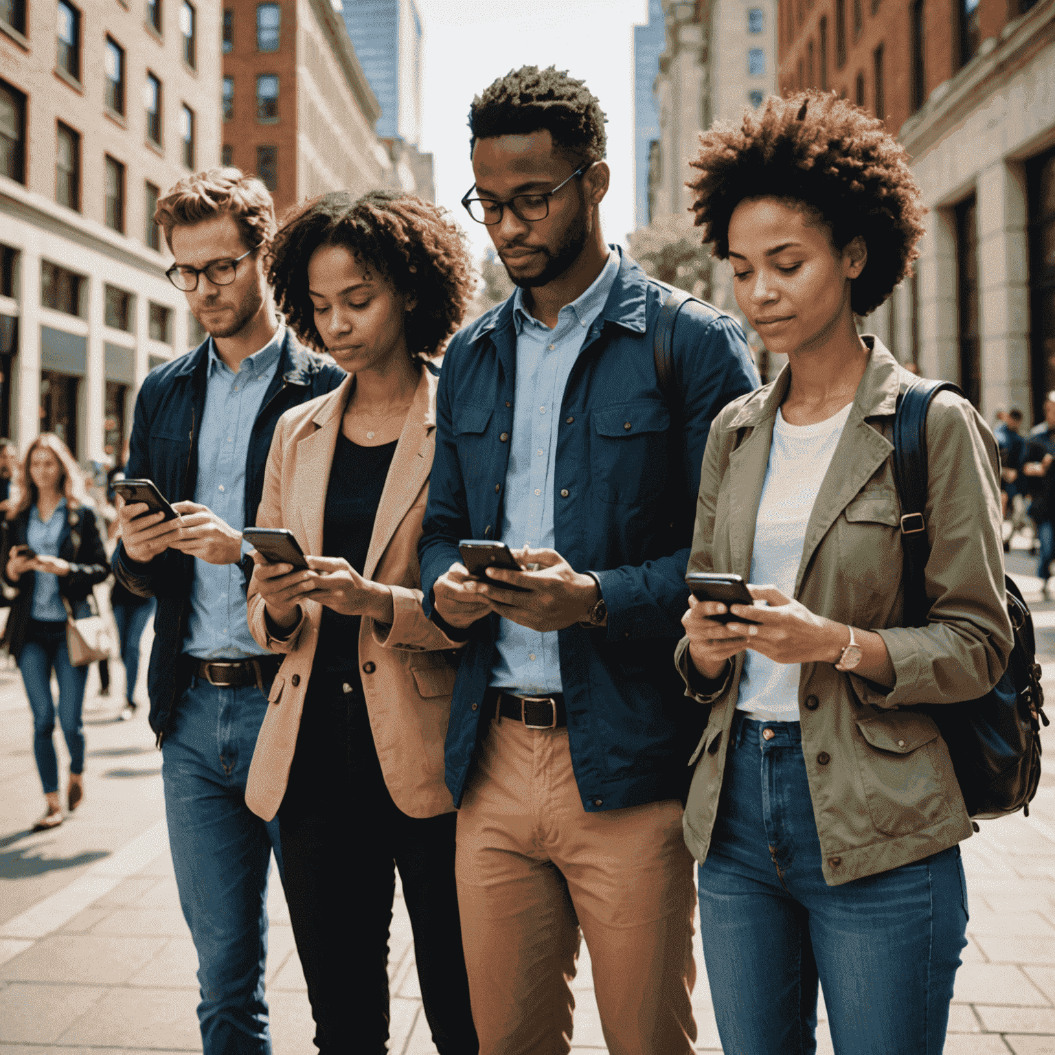 A diverse group of citizens using smartphones to access government services