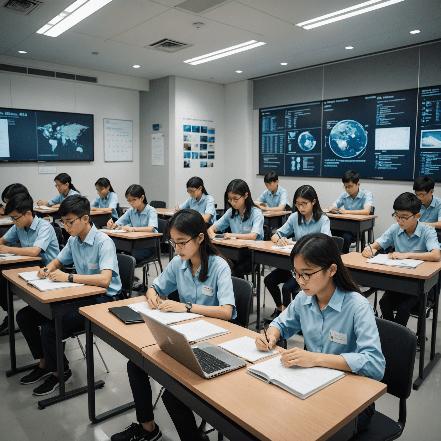 Students in a high-tech classroom in Singapore, representing investment in education and human capital