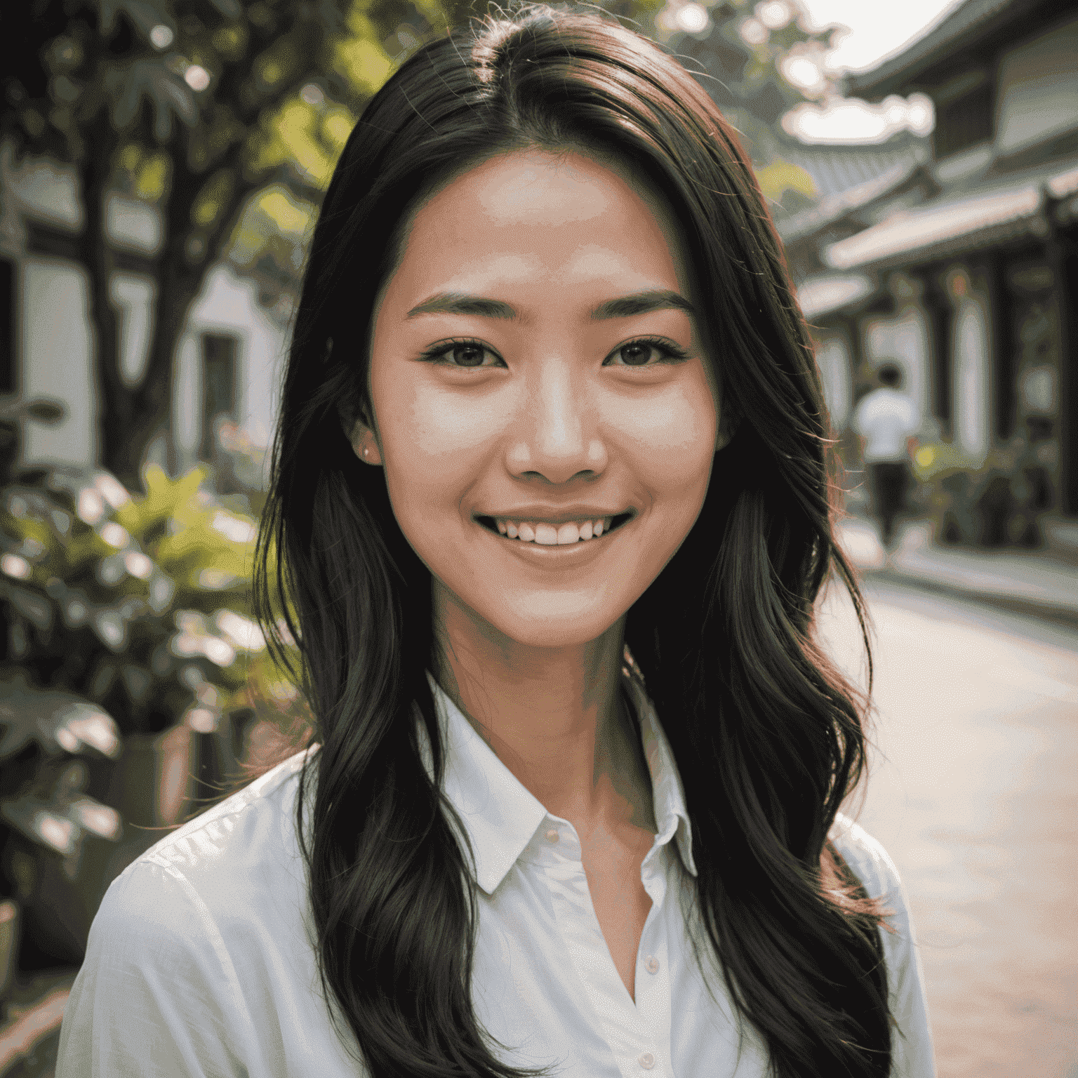 Portrait of Sarah Chen, a young Chinese-Singaporean woman with long black hair, wearing a smart white blouse, smiling warmly at the camera