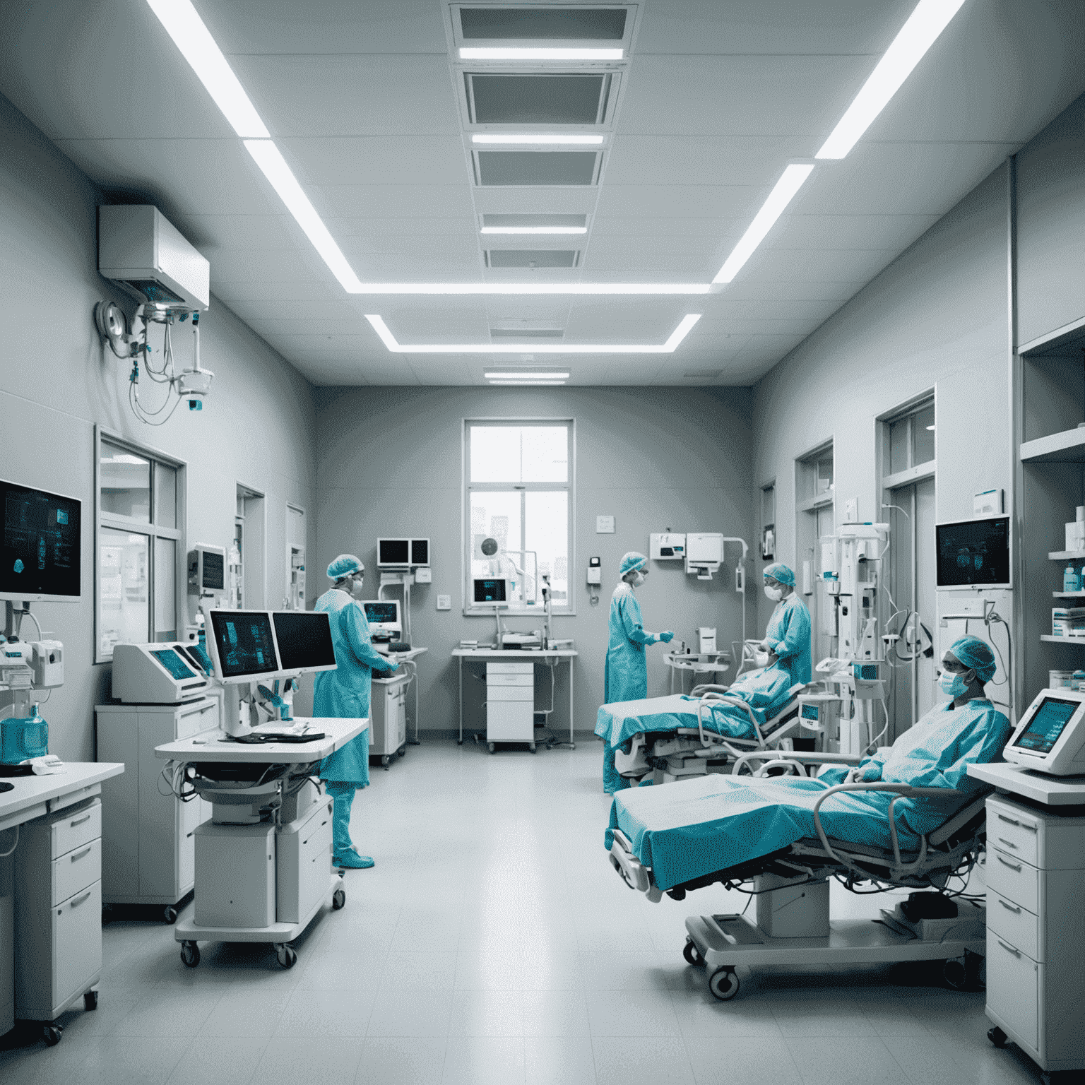 A modern hospital interior with advanced medical equipment and researchers working in a lab