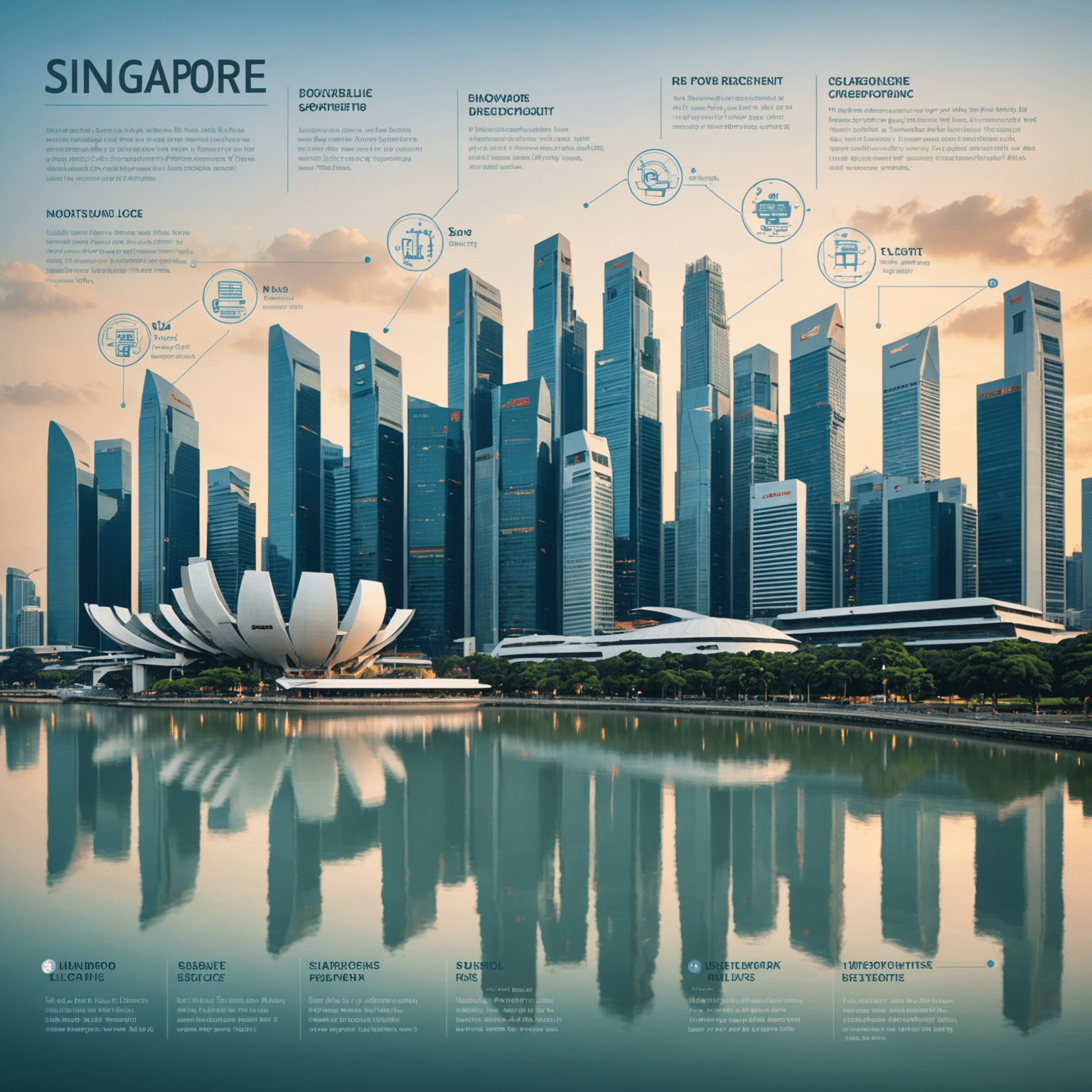 Singapore skyline featuring iconic buildings, with infographics showing various sectors of investment